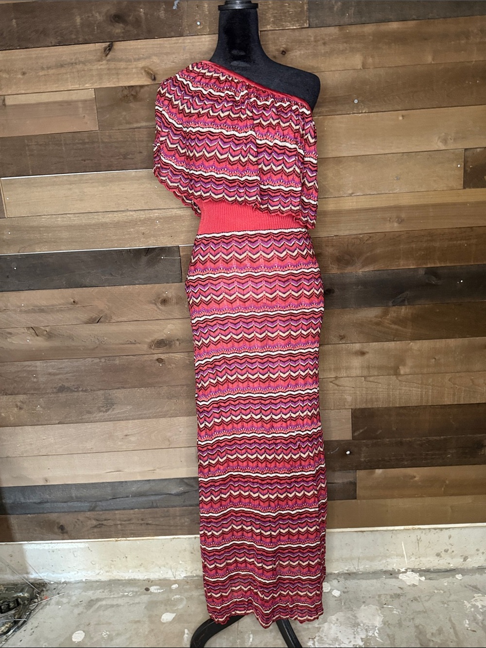 Arden B One-Shoulder Chevron Maxi Dress in Red and Pink